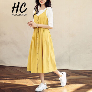 Hcollection 純色 深V款，紐扣，抽繩 連衣裙