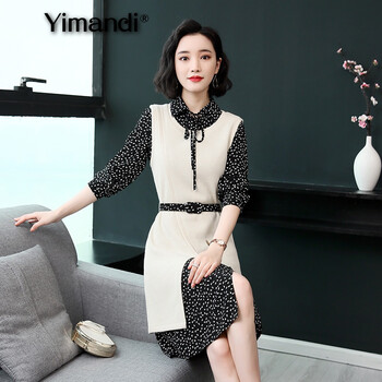 億曼帝（yimandi） 花色 拼接，拉鏈，褶皺，印花 連衣裙