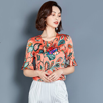 米嬈 拼接，紐扣，印花 短袖 T恤 女 V領(lǐng)