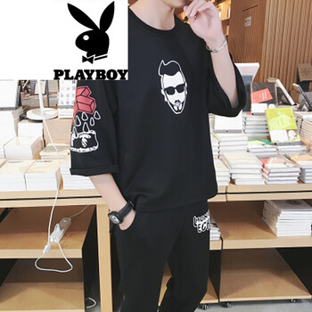 花花公子（PLAYBOY） 七分袖 男士T恤 B1146-黑色 