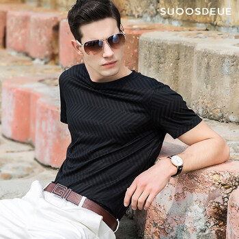 索都（SUOOSDEUE） 短袖 男士T恤 黑色（斜條紋） 