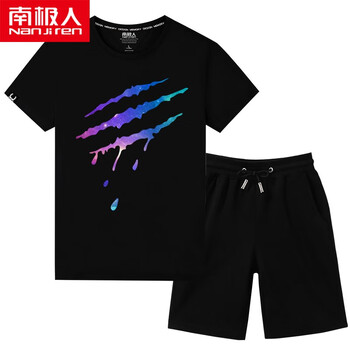 南極人（Nanjiren） 短袖 男士T恤 棉圓T黑/星空爪痕-短褲黑/純色 
