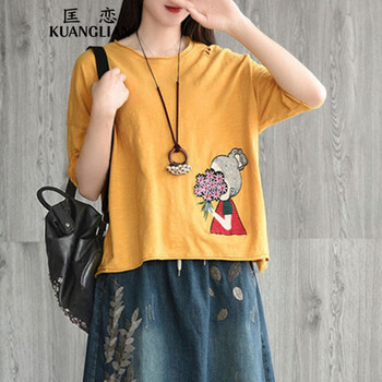 匡戀（KUANGLIAN） 刺繡，破洞，開衩，手工磨破，立體裁剪 短袖 T恤 女 圓領