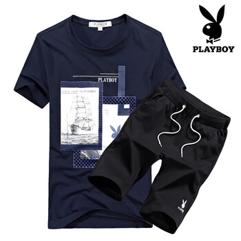 花花公子（PLAYBOY） 短袖 男士T恤 深藍(lán)上衣+黑色短褲 