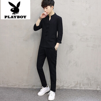 花花公子（PLAYBOY） 長袖 男士T恤 黑色長袖+長褲 