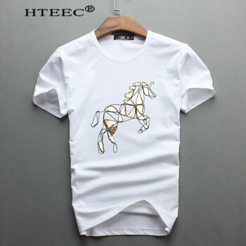 hteec 短袖 男士T恤 白色-亮片奔馬圖 