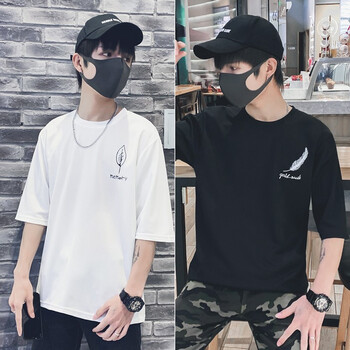 簡男 七分袖 男士T恤 （2件裝）-小葉白+小羽毛黑 