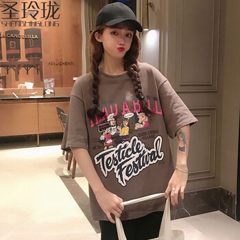 圣玲瓏（SHENGLINGLONG） 拼接，印花 短袖 T恤 女 圓領(lǐng)