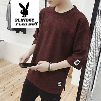 花花公子（PLAYBOY ESTABLISHED 1953） 五分袖 男士T恤 酒紅色 