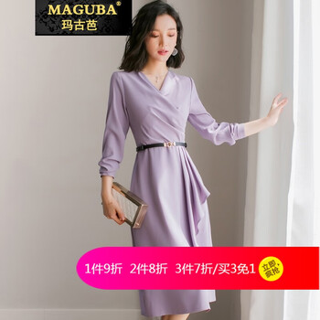 瑪古芭（MAGUBA） 純色 荷葉邊，拼接，綁帶，褶皺 連衣裙