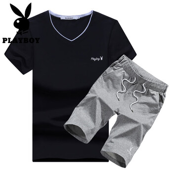 花花公子（PLAYBOY ESTABLISHED 1953） 短袖 男士T恤 黑衣灰褲 