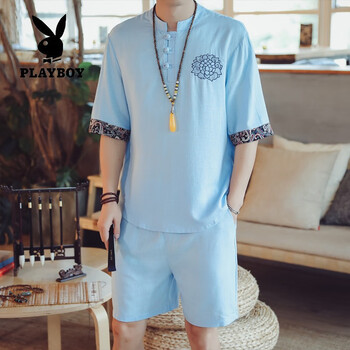 花花公子（PLAYBOY） 五分袖 男士T恤 天藍(lán)色TZ05 