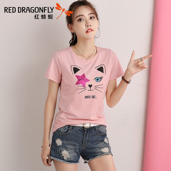 紅蜻蜓（RED DRAGONFLY） 拼接，印花，燙畫 短袖 T恤 女 圓領(lǐng)