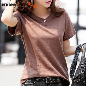 紅蜻蜓（RED DRAGONFLY） 拼接，紐扣 短袖 T恤 女 圓領(lǐng)
