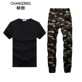 暢登（CHANGDENG） 短袖 男士T恤 純黑+軍綠長(zhǎng)褲 