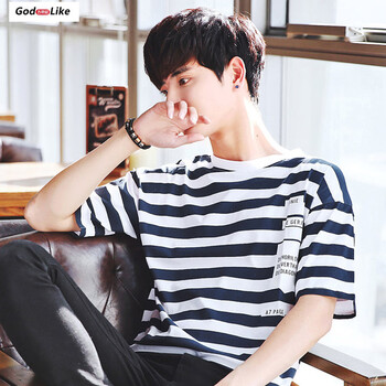 古萊登（GODLIKE） 短袖 男士T恤 藏青條紋 