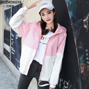 繡中雅（XIUZHONGYA） 連帽 長袖 女 短外套 拉鏈，拼色，印花