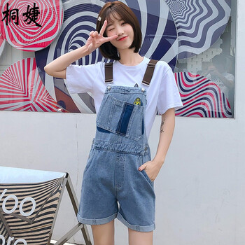 桐婕 高腰 背帶褲 女 短褲 牛仔褲
