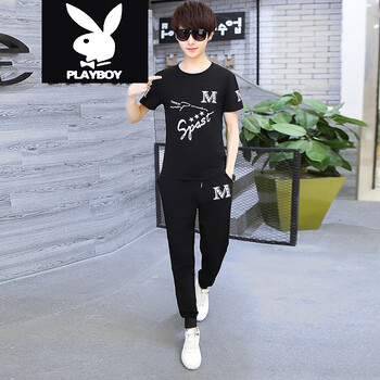花花公子（PLAYBOY） 長(zhǎng)袖 男士T恤 8921黑色上衣+褲子 