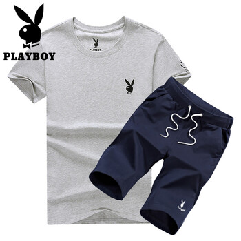 花花公子（PLAYBOY） 短袖 男士T恤 灰t藍褲 