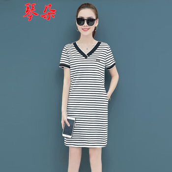琴朵（QINDUO） 條紋 短袖 T恤 女 V領