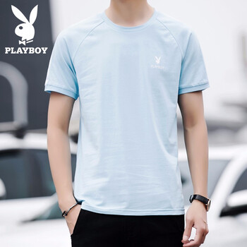 花花公子（PLAYBOY） 短袖 男士T恤 淺藍1225 