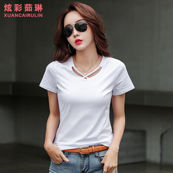 炫彩茹琳（Xuan Cai Ru Lin） 鏤空 短袖 T恤 女 V領(lǐng)
