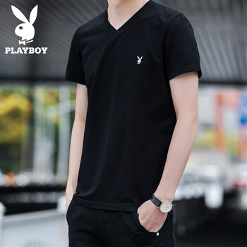 花花公子（PLAYBOY ESTABLISHED 1953） 短袖 男士T恤 Z1233黑色V領(lǐng) 