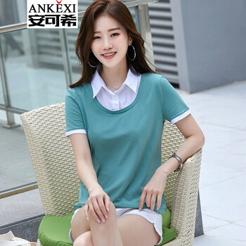 安可希（ANKEXI） 拼接，明線裝飾 短袖 T恤 女 POLO領(lǐng)