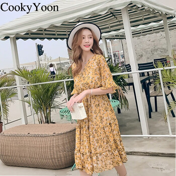 CookyYoon 純色 3D，拼接，卷袖，花邊，撞色，褶皺，印花 連衣裙