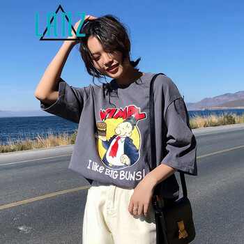 嵐燁 3D，卷袖，前短后長(zhǎng)，不規(guī)則，印花 短袖 T恤 女 圓領(lǐng)
