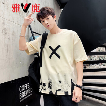 雅鹿 五分袖 男士T恤 淡黃 