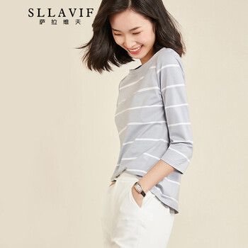 薩拉維夫（SLLAVIF） 條紋 短袖 T恤 女 圓領(lǐng)