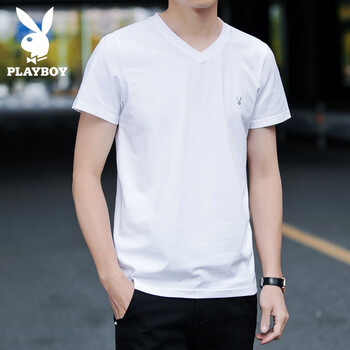 花花公子（PLAYBOY ESTABLISHED 1953） 短袖 男士T恤 白色V領(lǐng) Z1233 
