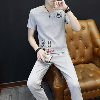 縱尚（ZSUN） 短袖 男士T恤 梅花淺灰色(九分褲套裝) 