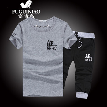 富貴鳥（FUGUINIAO） 短袖 男士T恤 灰色一黑色【七分褲】 