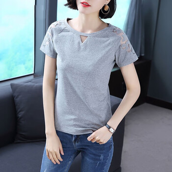 微道衣足（WEIDAOYIZU） 繡花，拼接，鏤空，紗網(wǎng)，立體裝飾，蕾絲 短袖 T恤 女 圓領(lǐng)