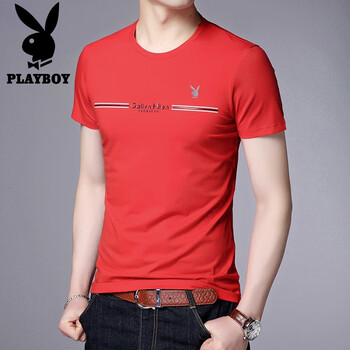 花花公子（PLAYBOY） 短袖 男士T恤 紅色圓領(lǐng) 
