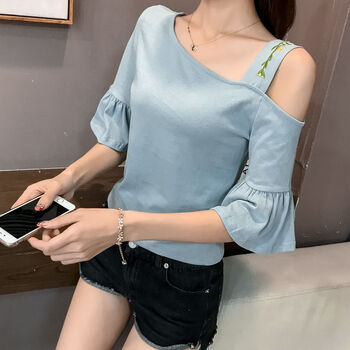 鼎度（DINGDU） 繡花，荷葉邊 短袖 T恤 女 一字領(lǐng)
