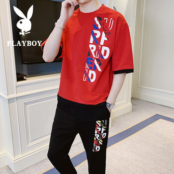花花公子（PLAYBOY） 五分袖 男士T恤 紅色 