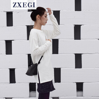 ZXEGI 不對(duì)稱，開衩 短袖 T恤 女 圓領(lǐng)