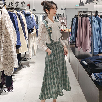 伊秋夢(mèng)紫 格子 背帶 連衣裙