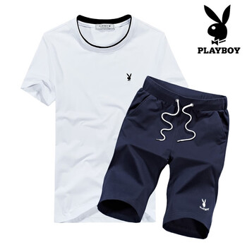 花花公子（PLAYBOY） 短袖 男士T恤 白色上衣+藍(lán)色五分褲(圓領(lǐng)) 