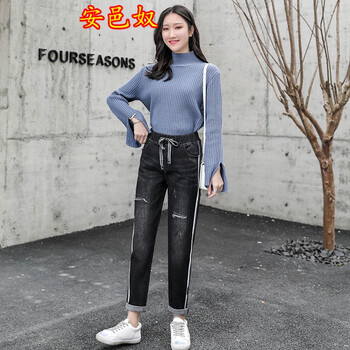 條紋系帶牛仔褲女