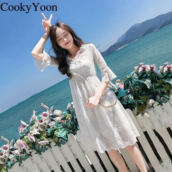CookyYoon 純色 拼接，鏤空，褶皺，蕾絲 連衣裙
