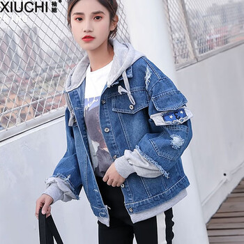 袖馳（XIUCHI） 連帽 長袖 女 短外套 破洞，拼色，水洗，貼布