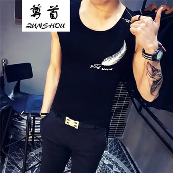 尊首（ZUNSHOU） 短袖 男士T恤 羽毛背心黑色 
