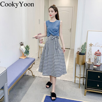 CookyYoon 純色 格子，綁帶 連衣裙