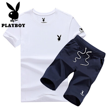 花花公子（PLAYBOY） 短袖 男士T恤 白t藍褲 