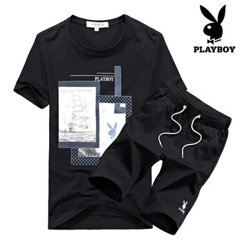 花花公子（PLAYBOY） 短袖 男士T恤 黑色上衣+黑色短褲 
